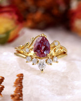 WILLOW Pear Cut Alexandrite Engagement Ring Set Vine Bridal Ring Set